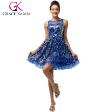 Grace Karin nuevo sin mangas cequis corto azul real vestido de cóctel CL007574-1